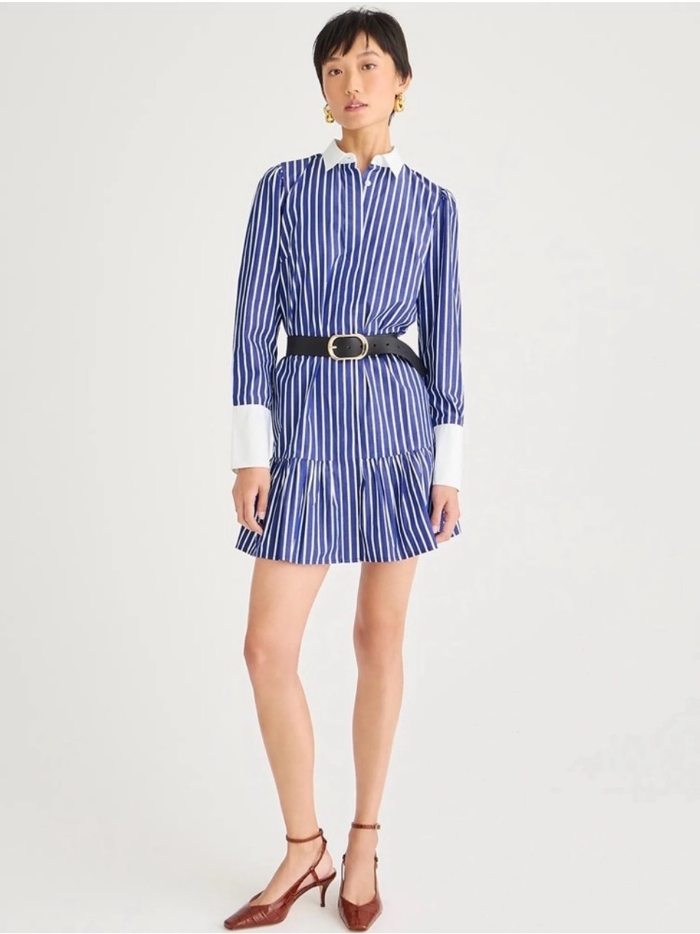 Classic Preppy J. Crew Blue and White Striped Poplin Tiered Mini Shirt Dress